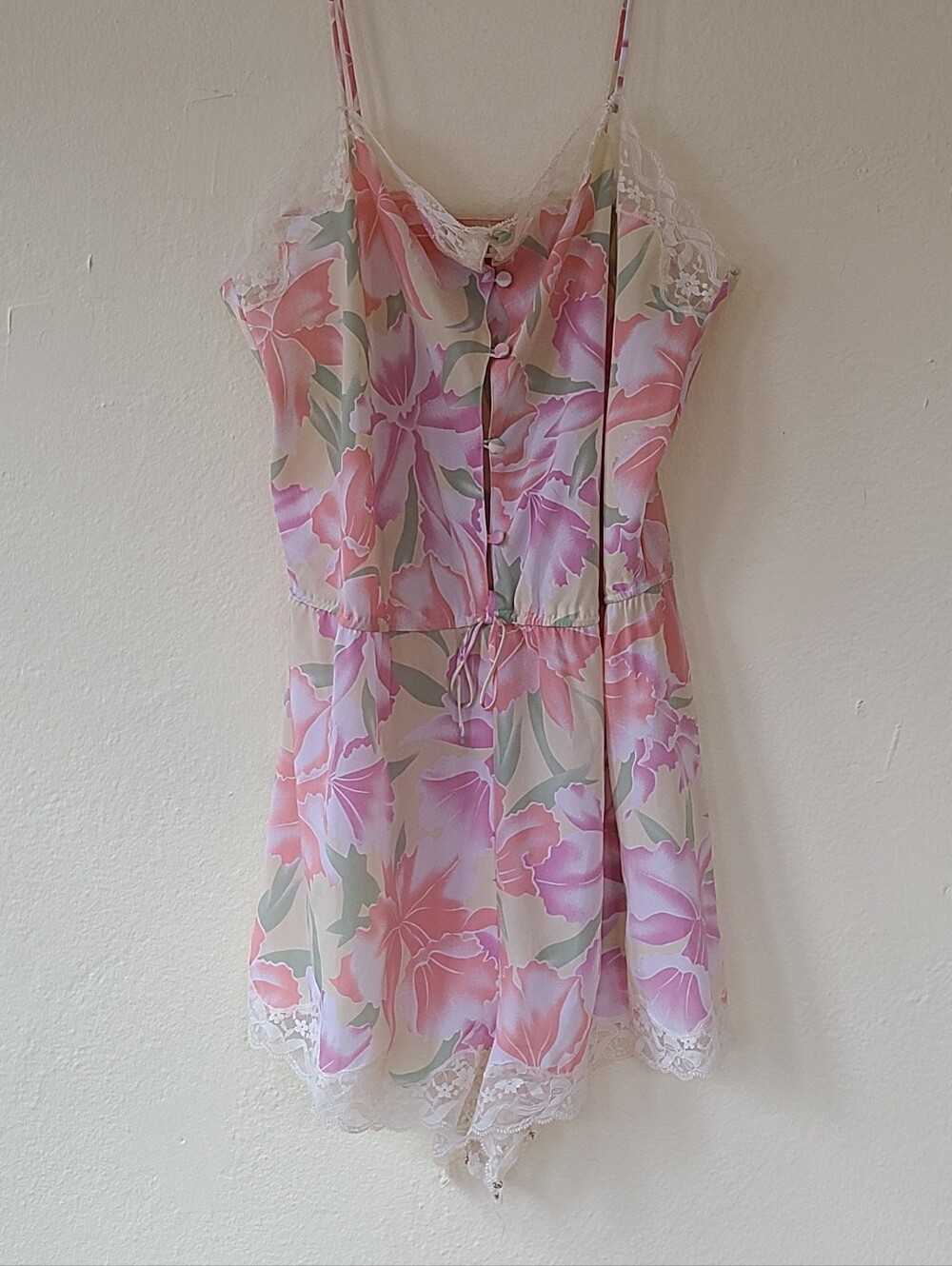 Vintage Victoria's Secret Pink and Green Floral Lingerie Teddy Romper with Lace